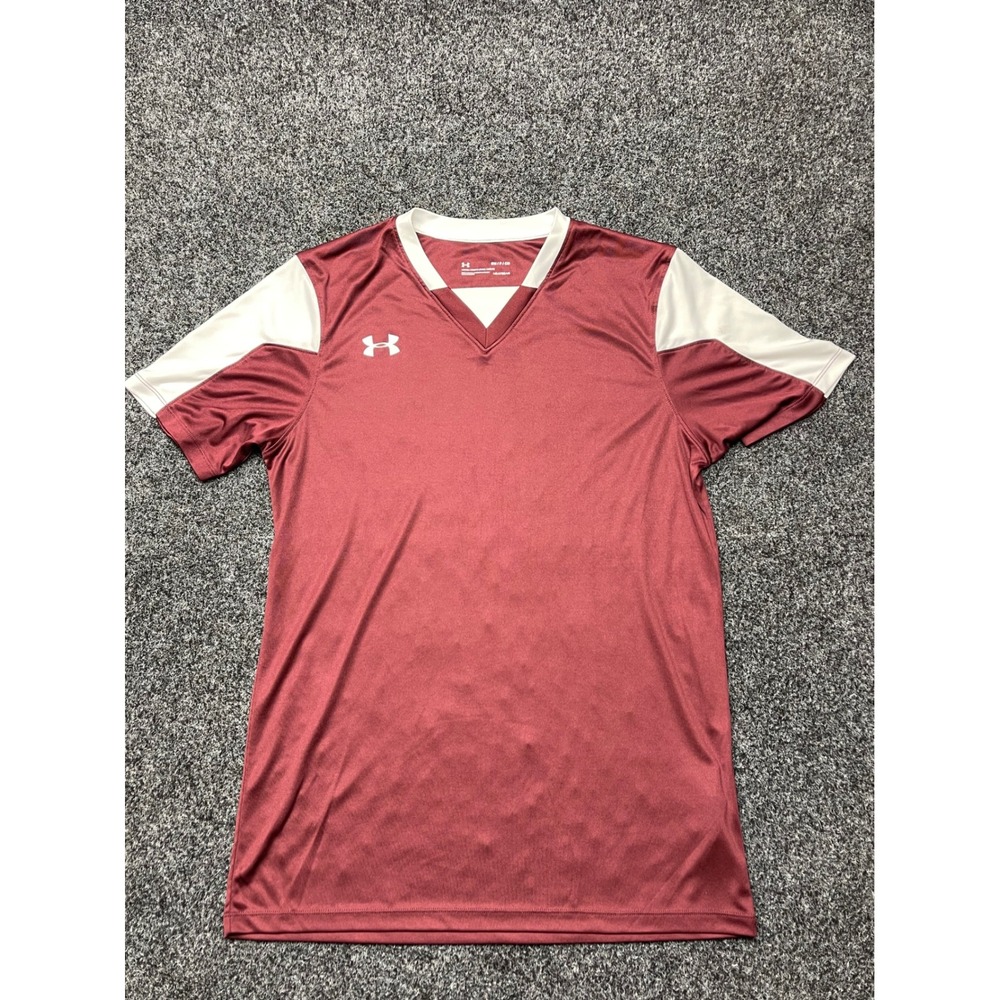 Under Armour HeatGear Mens Small Maroon White V-Neck Athletic Jersey Loose Fit - Picture 1 of 5